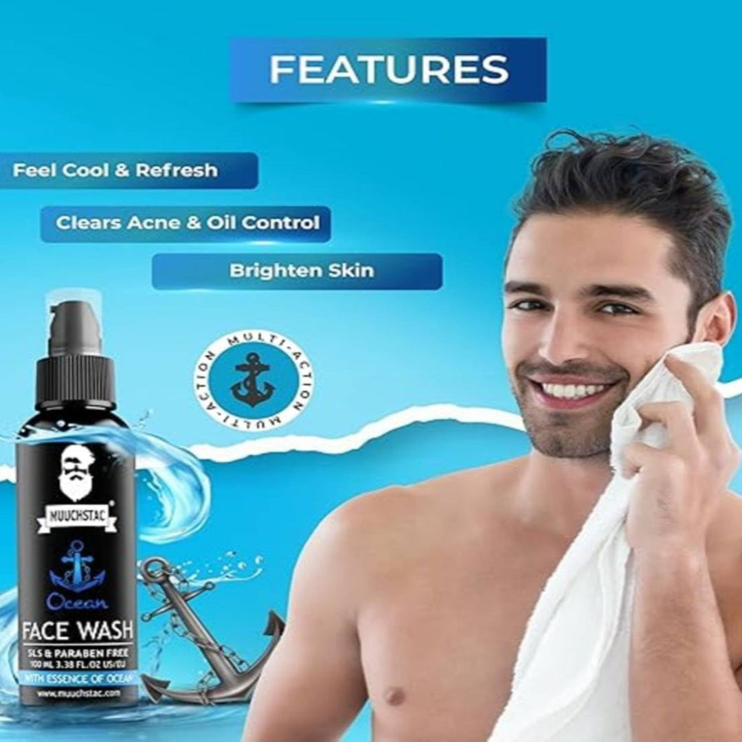 Man cleaning face with towel, Muirtec Face Wash bottle on blue background with product features listed.