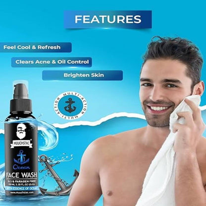 Man cleaning face with towel, Muirtec Face Wash bottle on blue background with product features listed.
