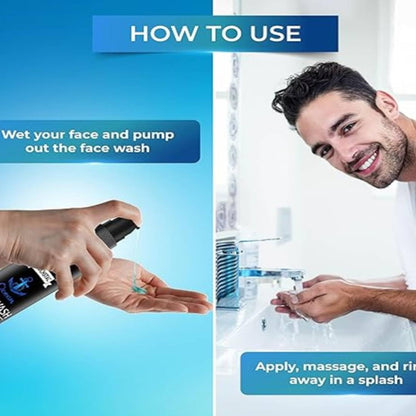 Instructions on how to use face wash with a person applying it and text overlay.