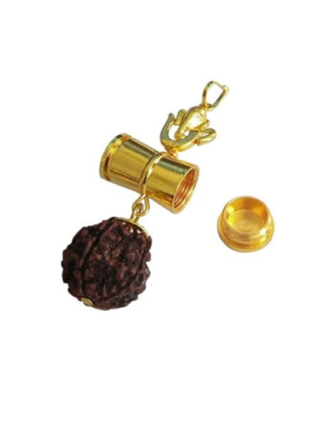 A gold-colored OM Ganesha Rudraksha Pendant with a brown bead and a golden chain.