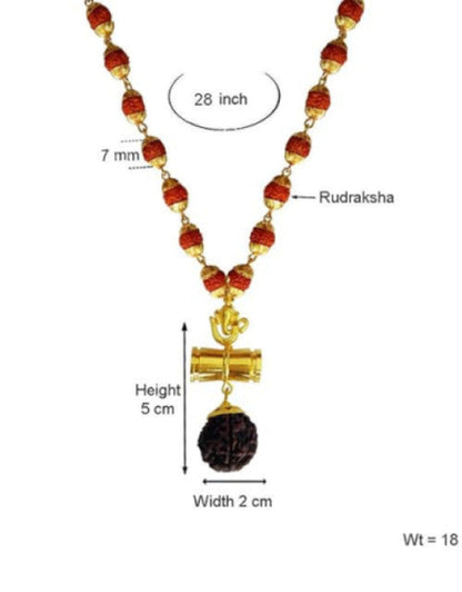 Necklace with Rudraksha beads and gold pendant, showing measurements on a white background.