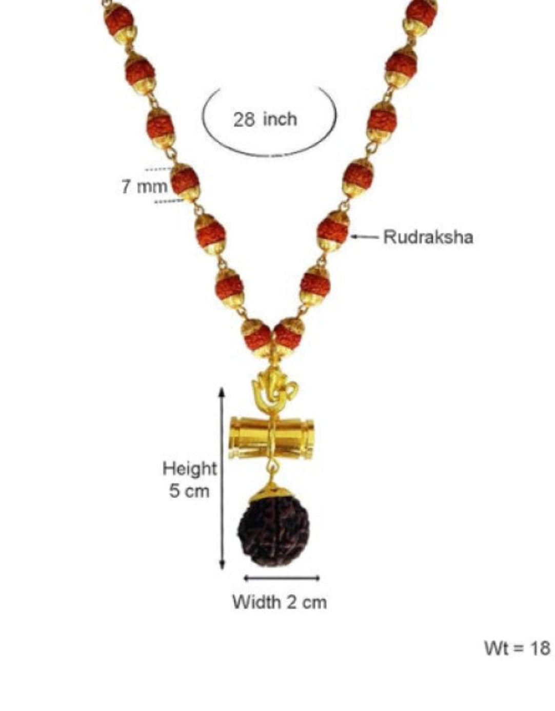 Necklace with Rudraksha beads and gold pendant, showing measurements on a white background.