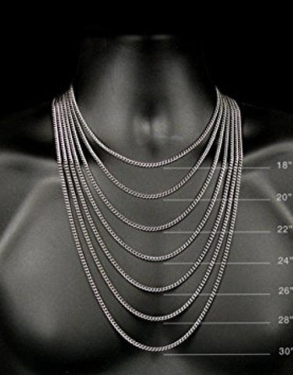 Set of silver chain necklaces displayed on a mannequin with measurement scale.