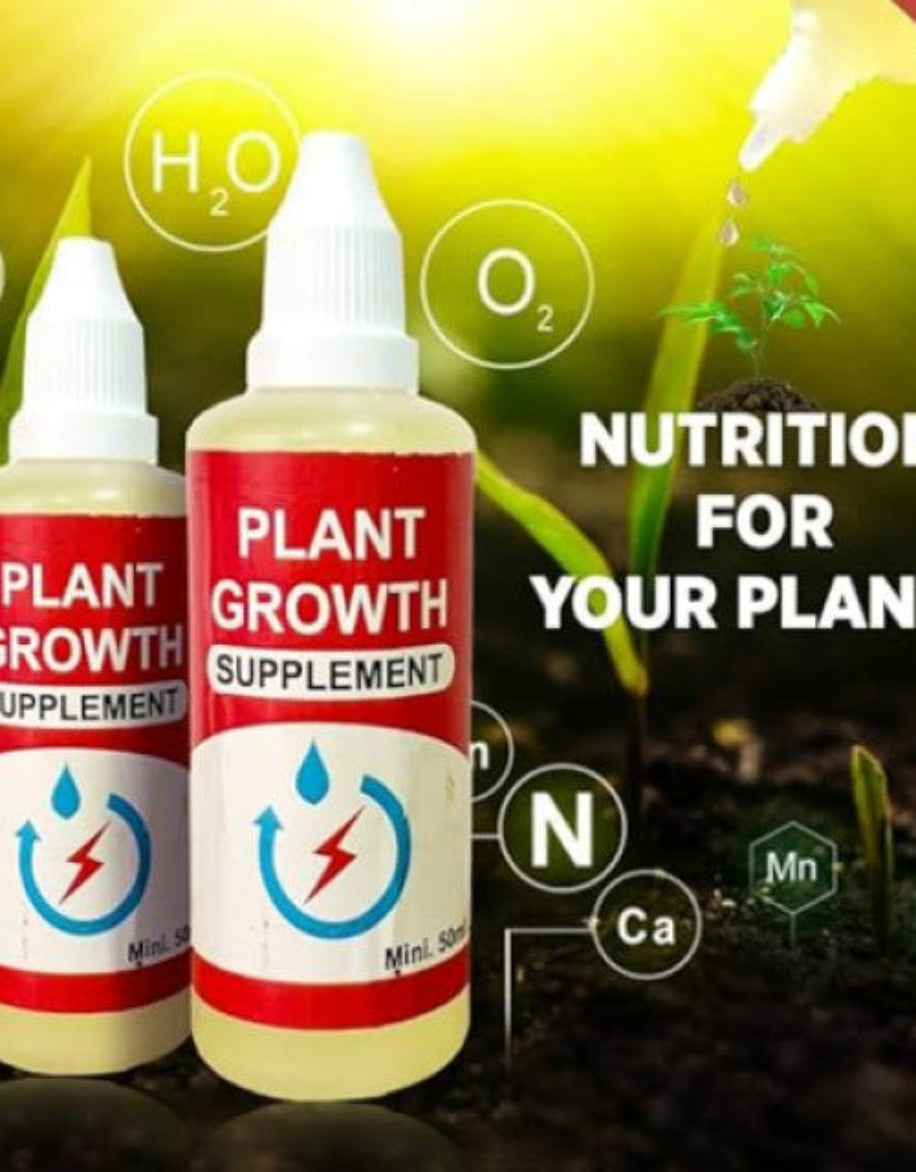 Two bottles of Plant Growth Supplement with graphical representations of water, oxygen, and nutrients like nitrogen and calcium. The background features a blurred image of plants.
