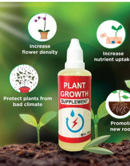 Plant growth supplement bottle with benefits on a green background