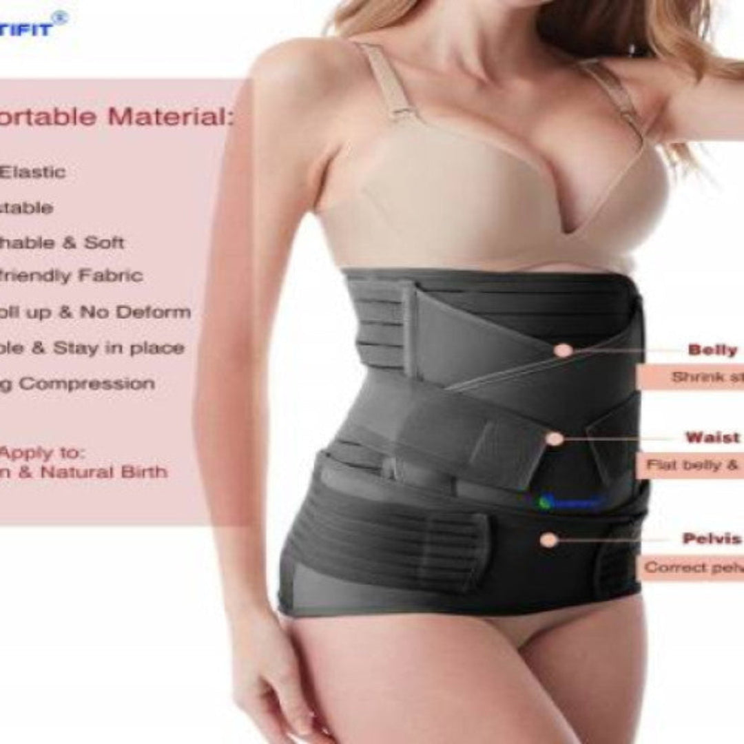 Woman wearing a black waist trainer with text on a white background