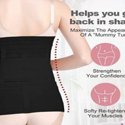 Black waist trainer worn by a person with promotional text about its benefits.