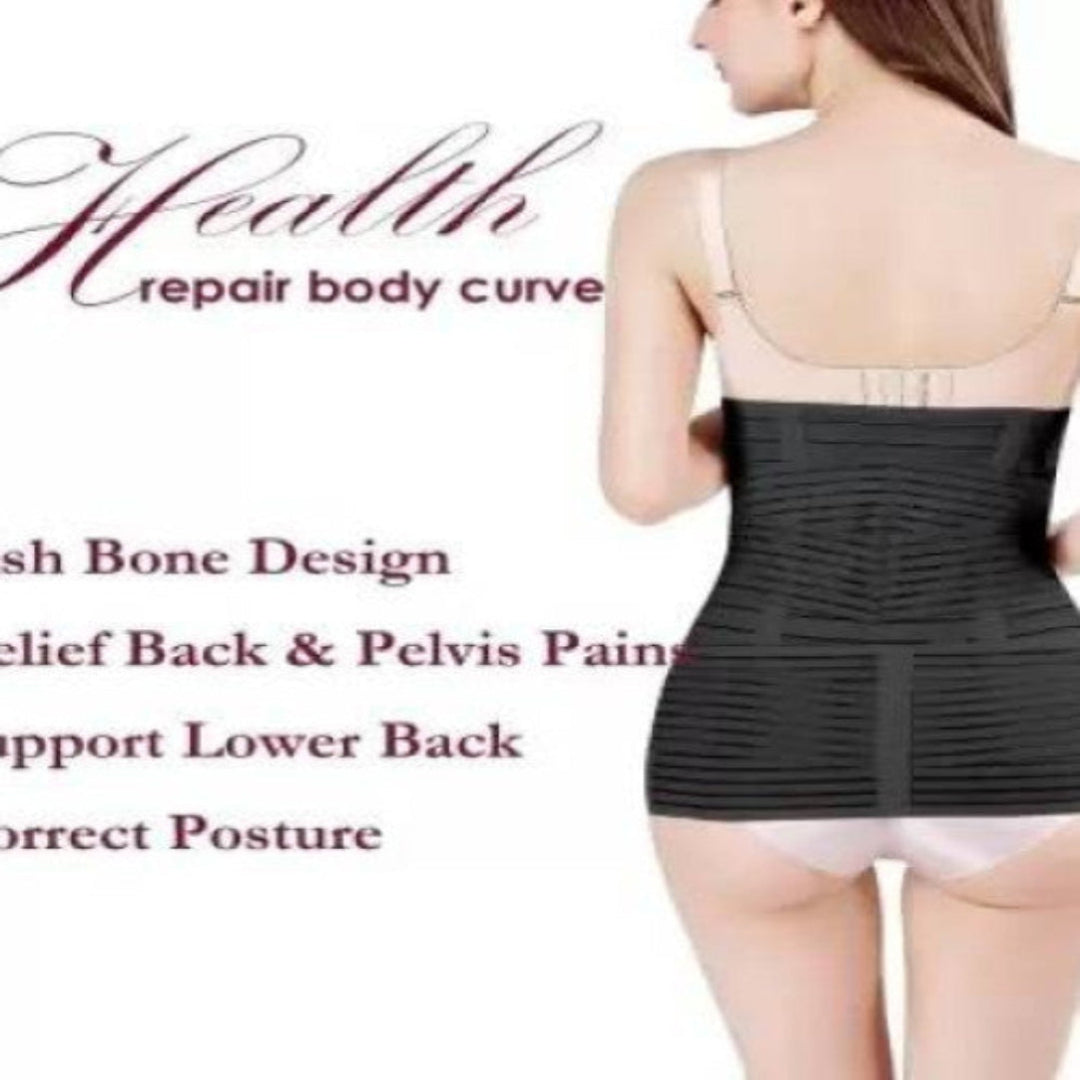 Person wearing a black waist trainer with text highlighting health benefits on a white background