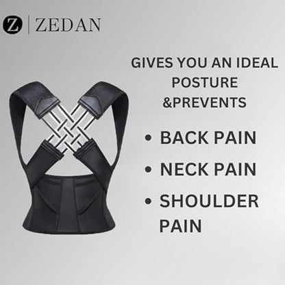 Black posture corrector with ZEDAN branding on a light gray background