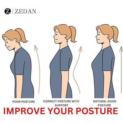 Illustration of poor, correct, and natural good posture with ZEDAN branding.