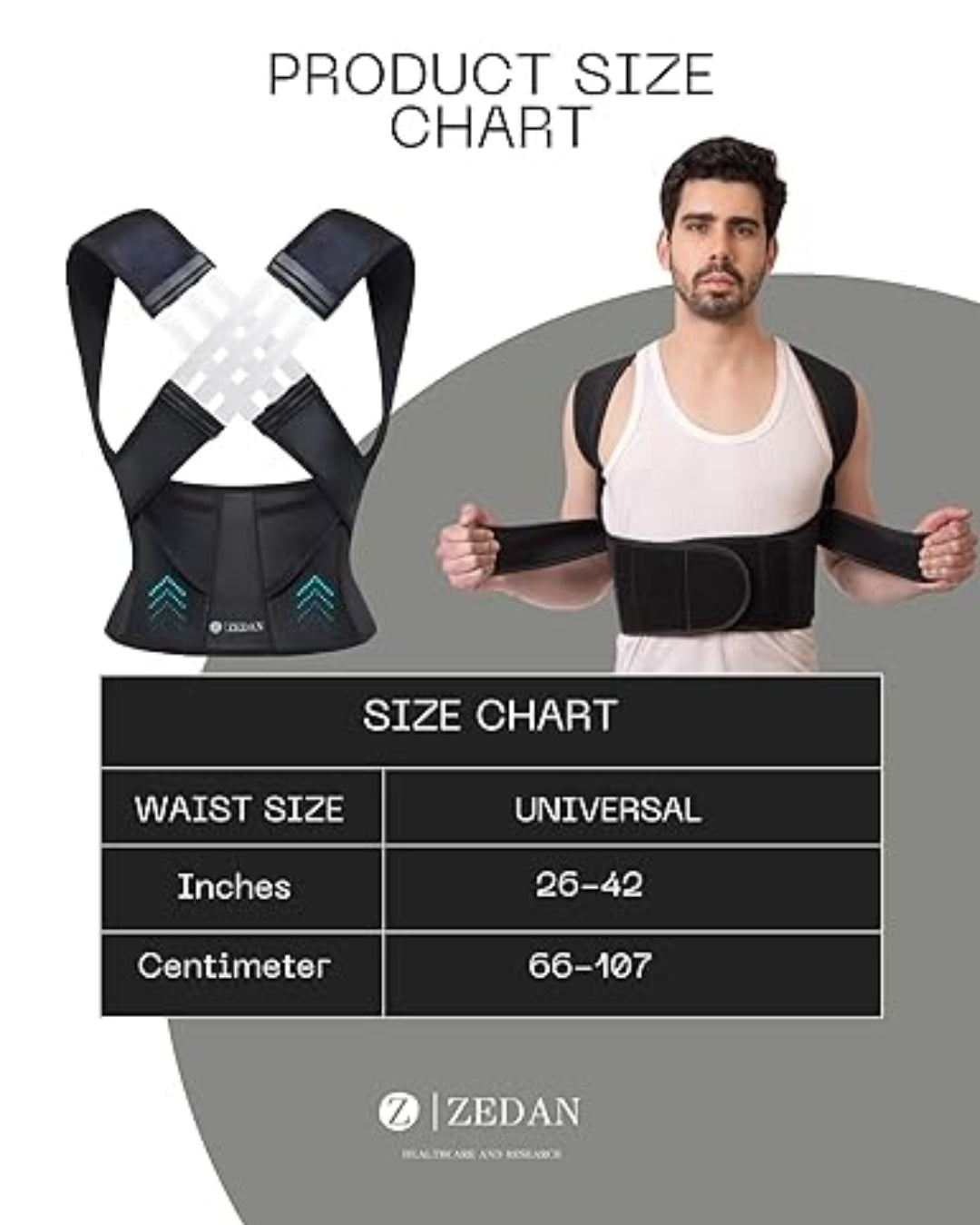 Back brace product with size chart and Zedan branding