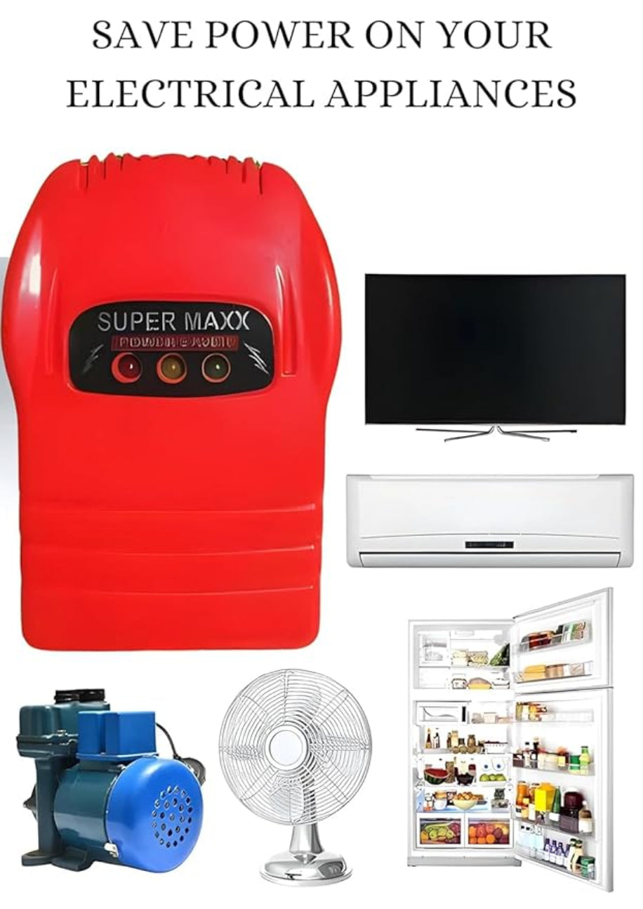 Red electrical power strip labeled 'Super Maxx' with household appliances on a white background.