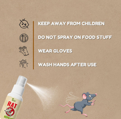 Rat repellent spray with safety instructions on a brown background