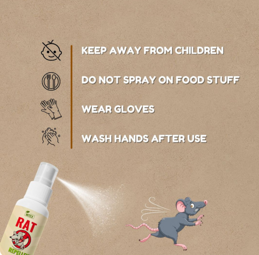 Rat repellent spray with safety instructions on a brown background