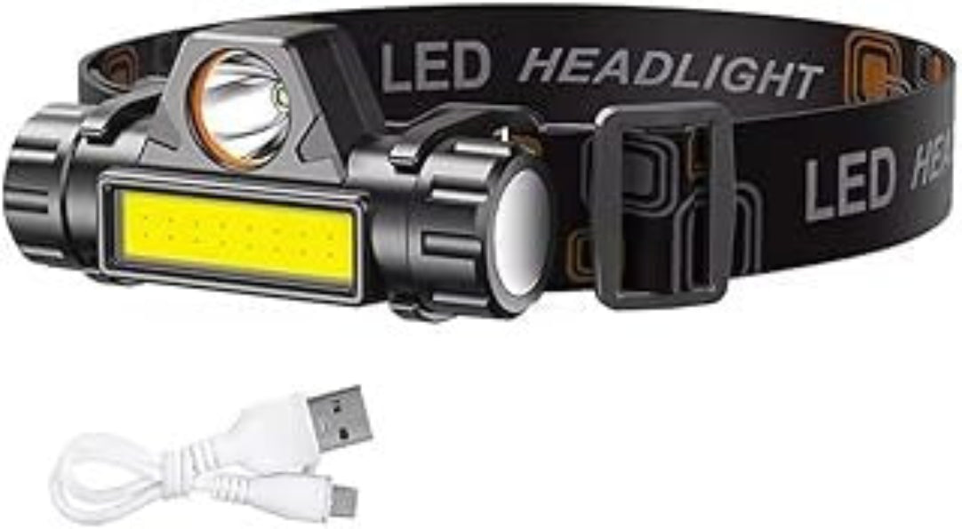 LED headlight with USB cable on a white background