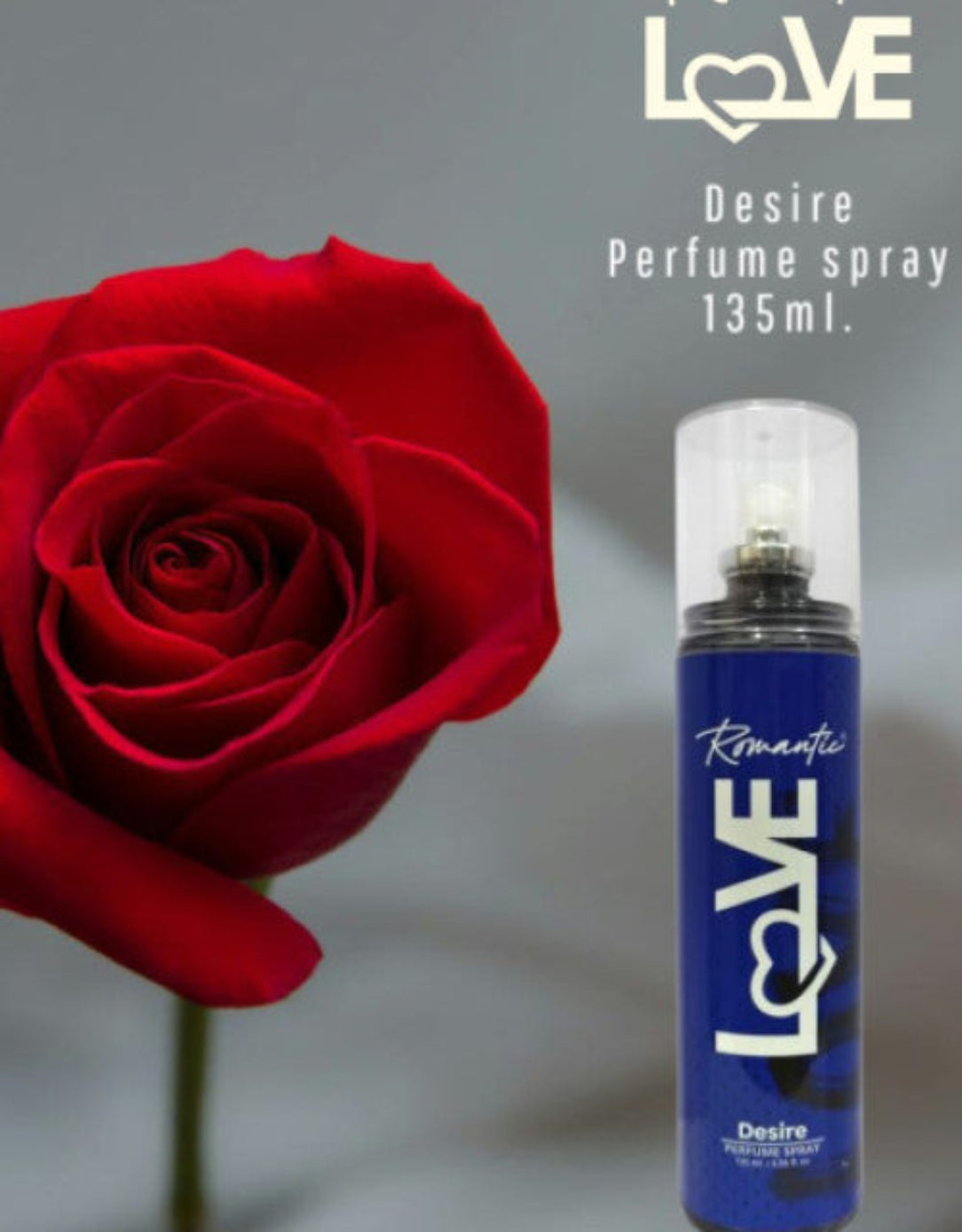 Blue perfume spray bottle labeled 'LOVE' next to a red rose on a gray background