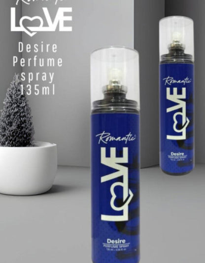 Two 'LOVE' perfume spray bottles on a gray surface with a plant in the background.