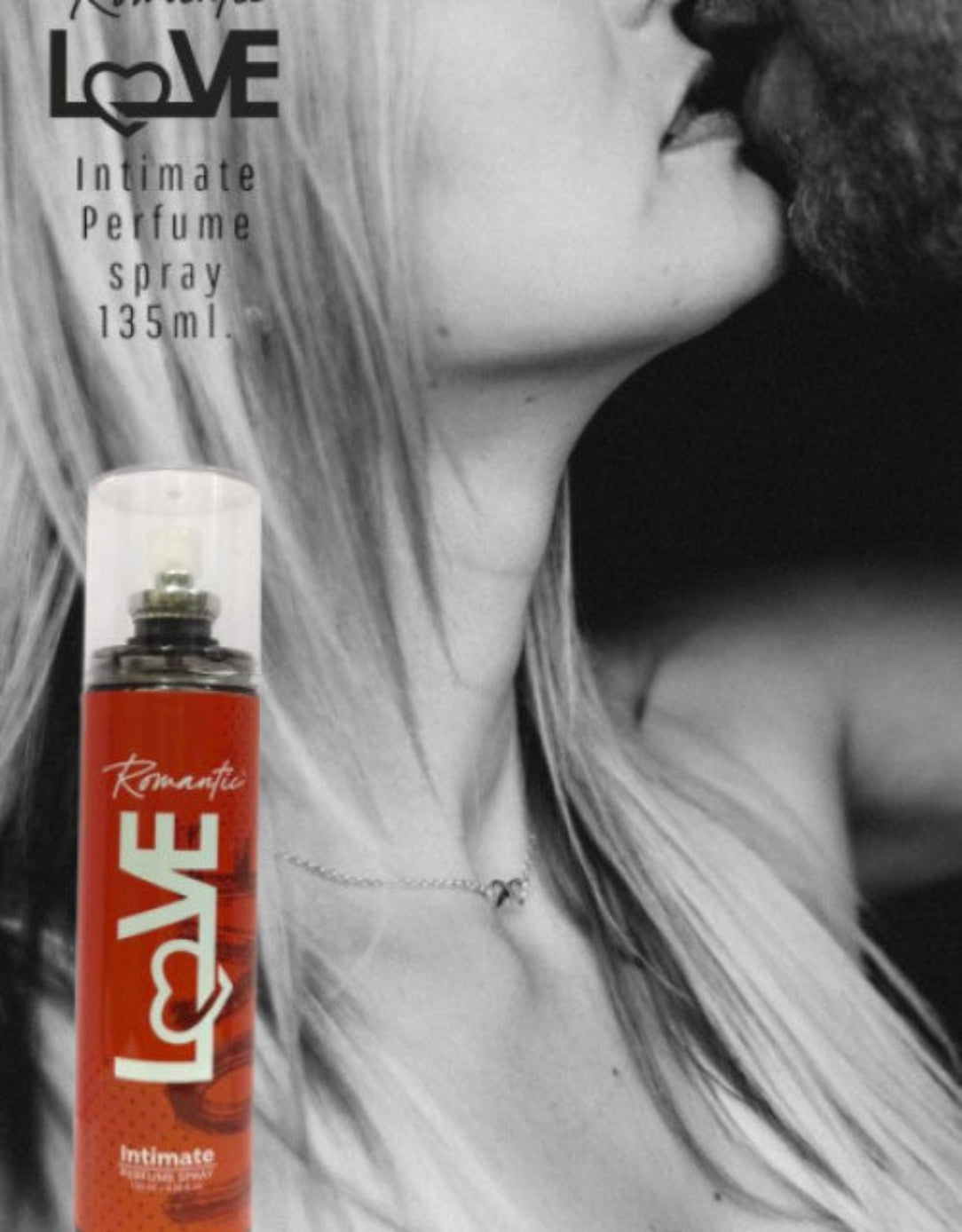 Advertisement for Romantic Love intimate perfume spray with a black and white photo of a woman.