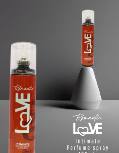 Two bottles of Romantic LOVE intimate perfume spray on a gray background