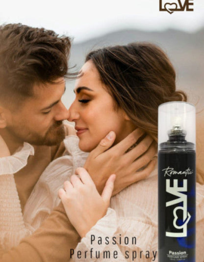 Couple embracing with a Romantic Passion perfume spray bottle in the foreground.