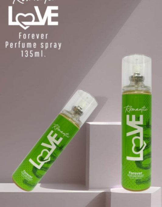 Two green 'LOVE' perfume sprays on a white platform with a gray background