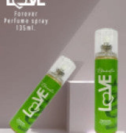 Two green 'LOVE' perfume sprays on a gray background