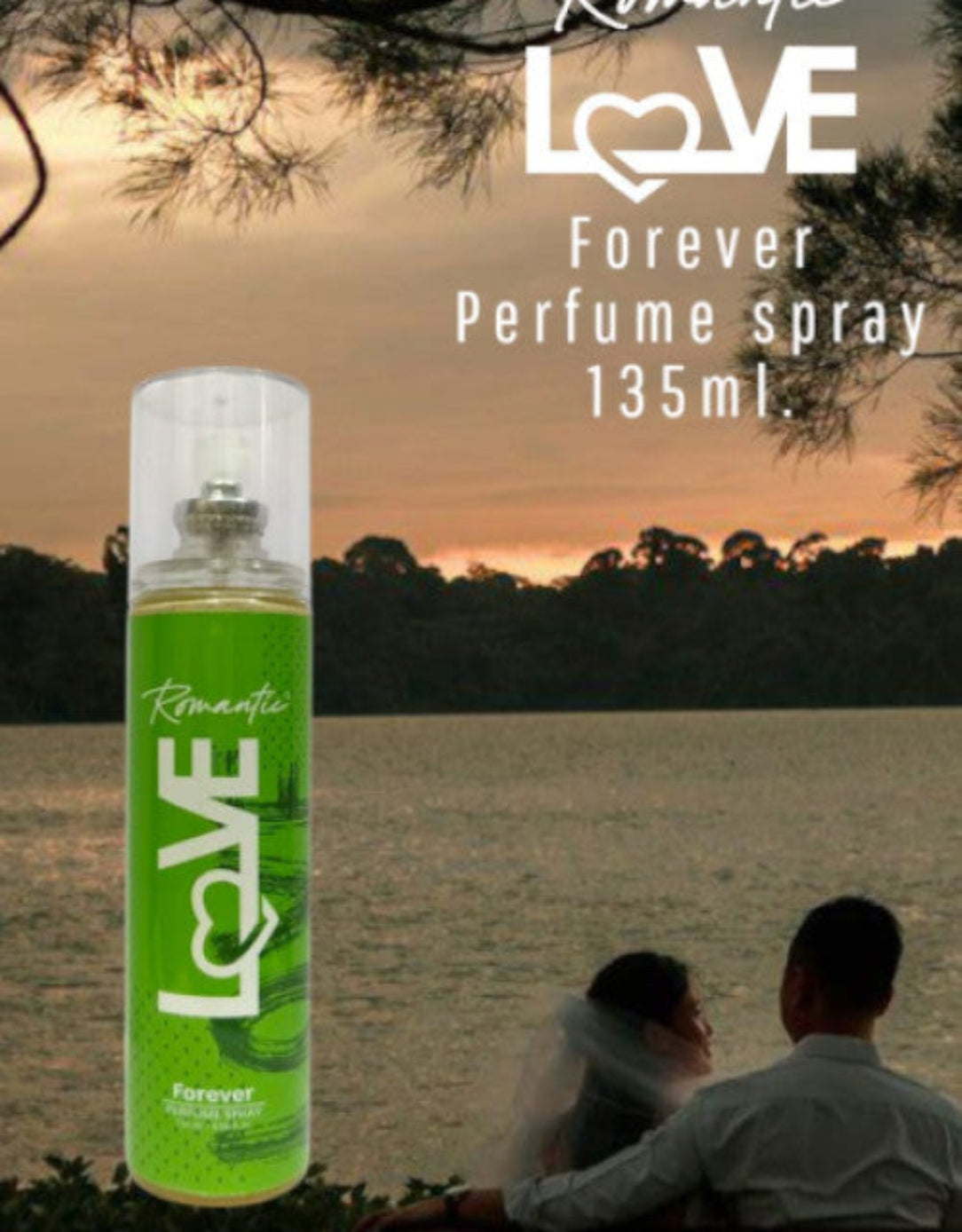 Perfume spray bottle labeled 'Romantic Love Forever' with a scenic background of a couple by a lake.