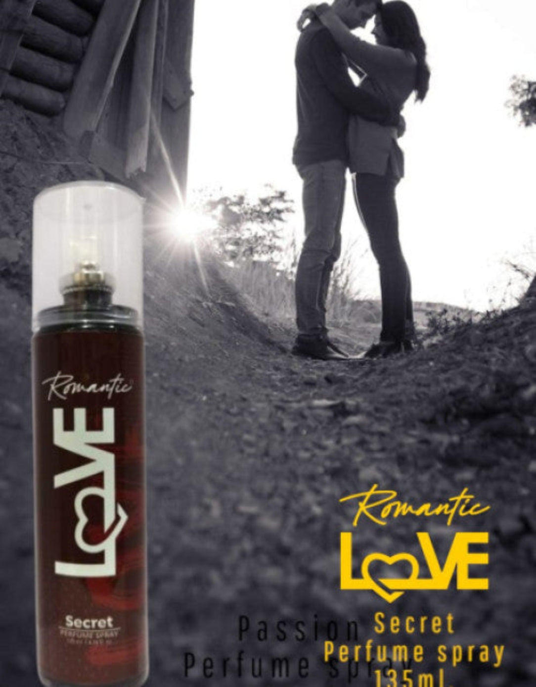 Perfume spray bottle labeled 'Romantic Love' with a couple embracing in the background.
