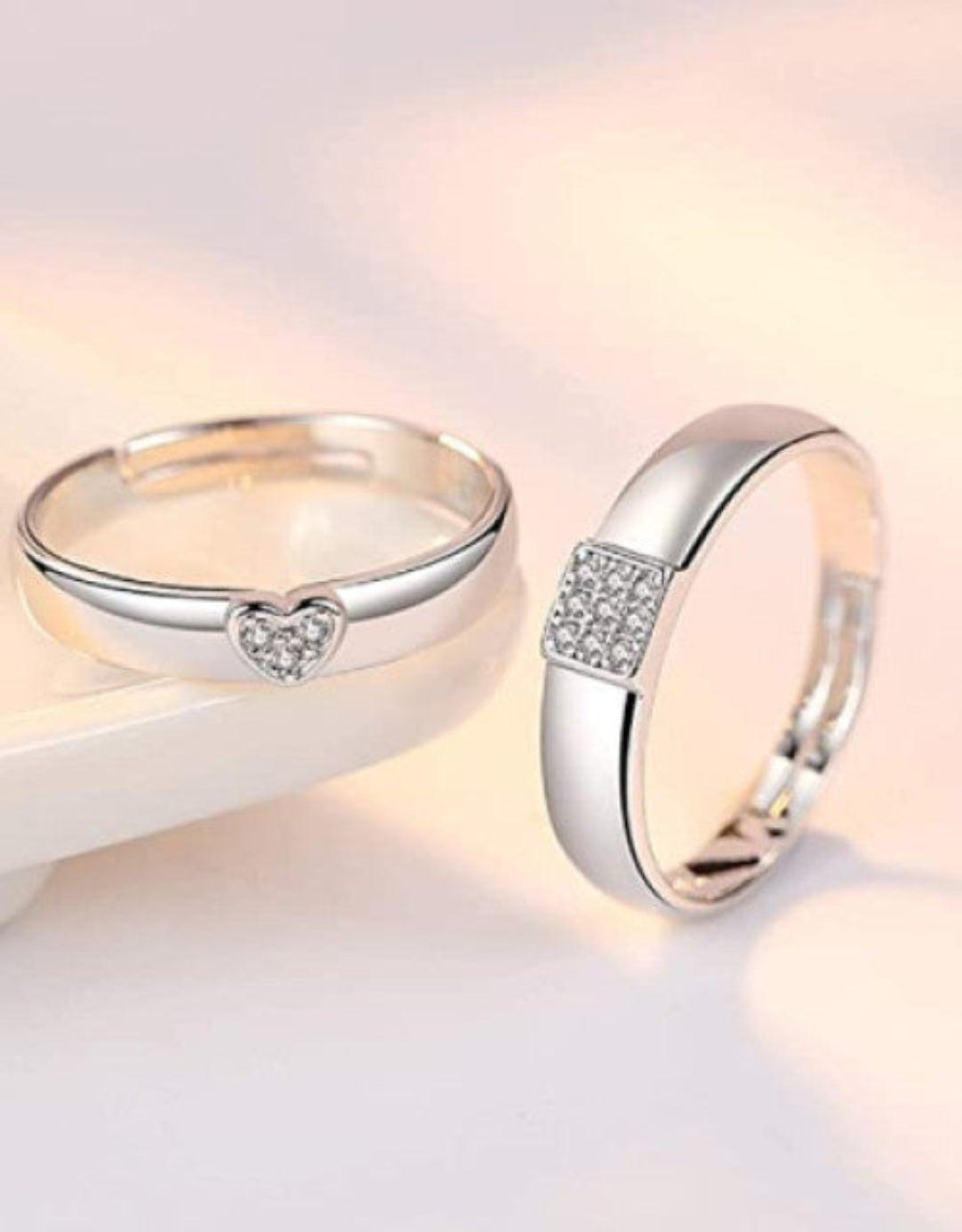 Silver-Plated Cubic Zirconia-Studded Adjustable Couple Rings