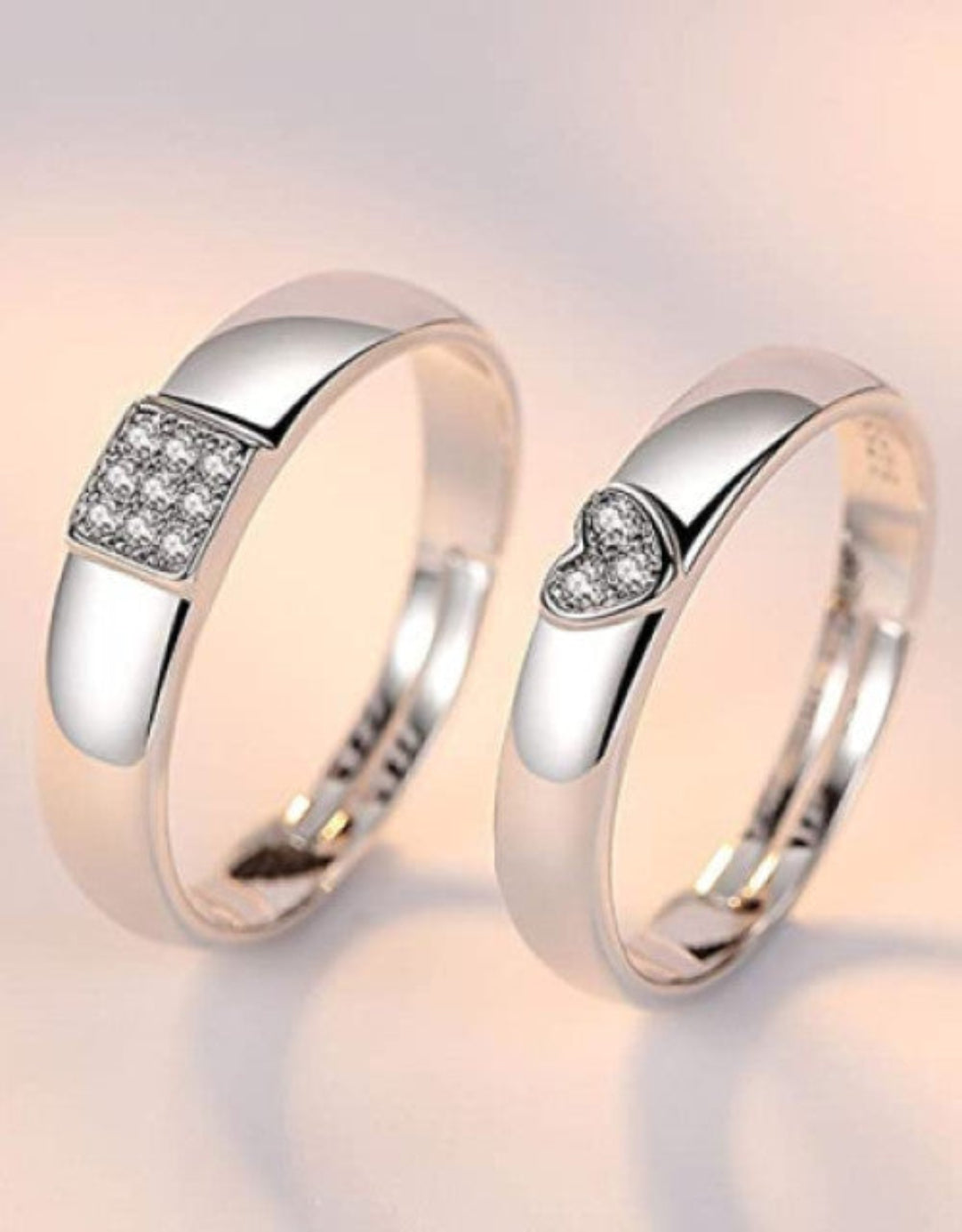 Silver-Plated Cubic Zirconia-Studded Adjustable Couple Rings
