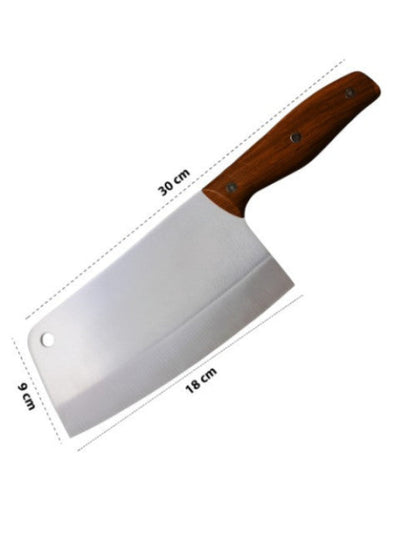 Knife with wooden handle and measurements on a white background