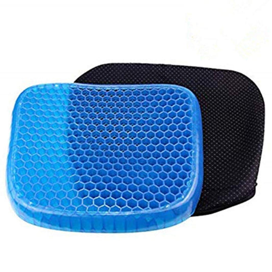 Blue and black honeycomb patterned seat cushion on a white background
