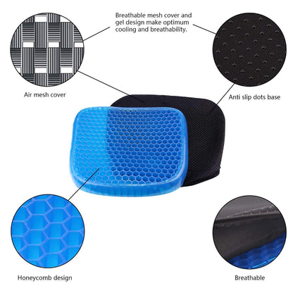 Blue gel seat cushion with features highlighted on a white background