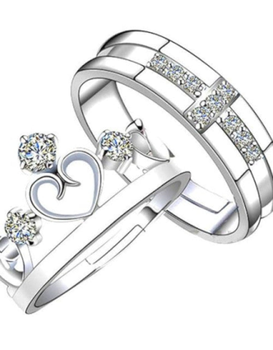 A set of sterling silver couple rings with Swarovski elements, featuring an adjustable design.