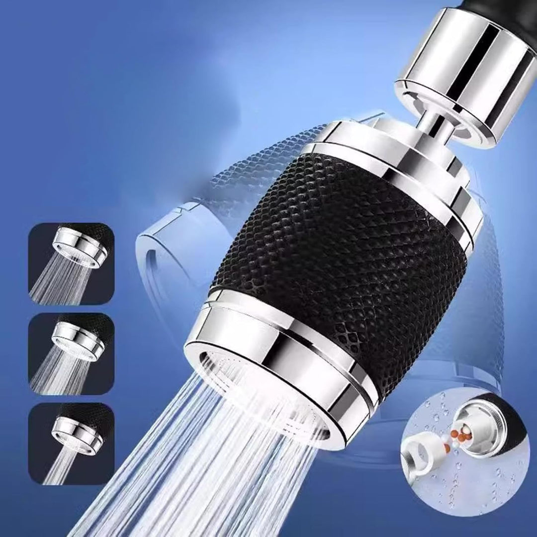 Shower head with water flow illustration on a blue background