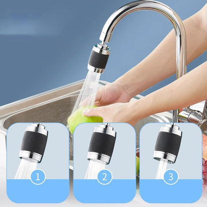 Faucet with water filter attachment being used to wash a green apple, with close-ups of the filter on a blue background.