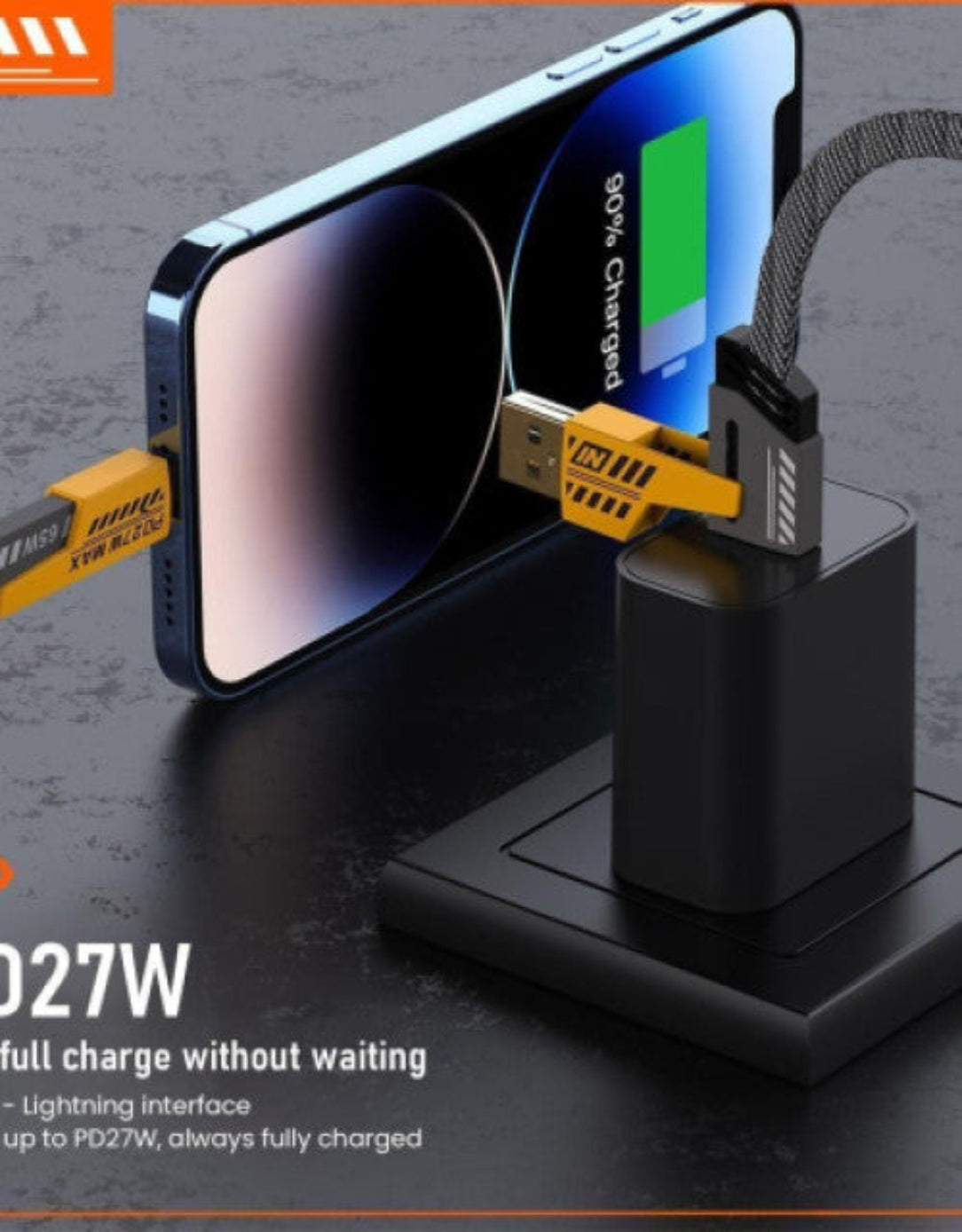 Phone charging station with USB cable and smartphone on a dark surface, featuring the brand 'Mcdodo'.