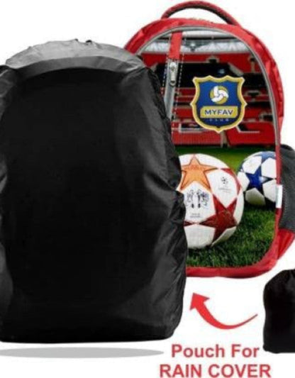 Backpack with rain cover and soccer balls on grass, featuring a visible brand logo.