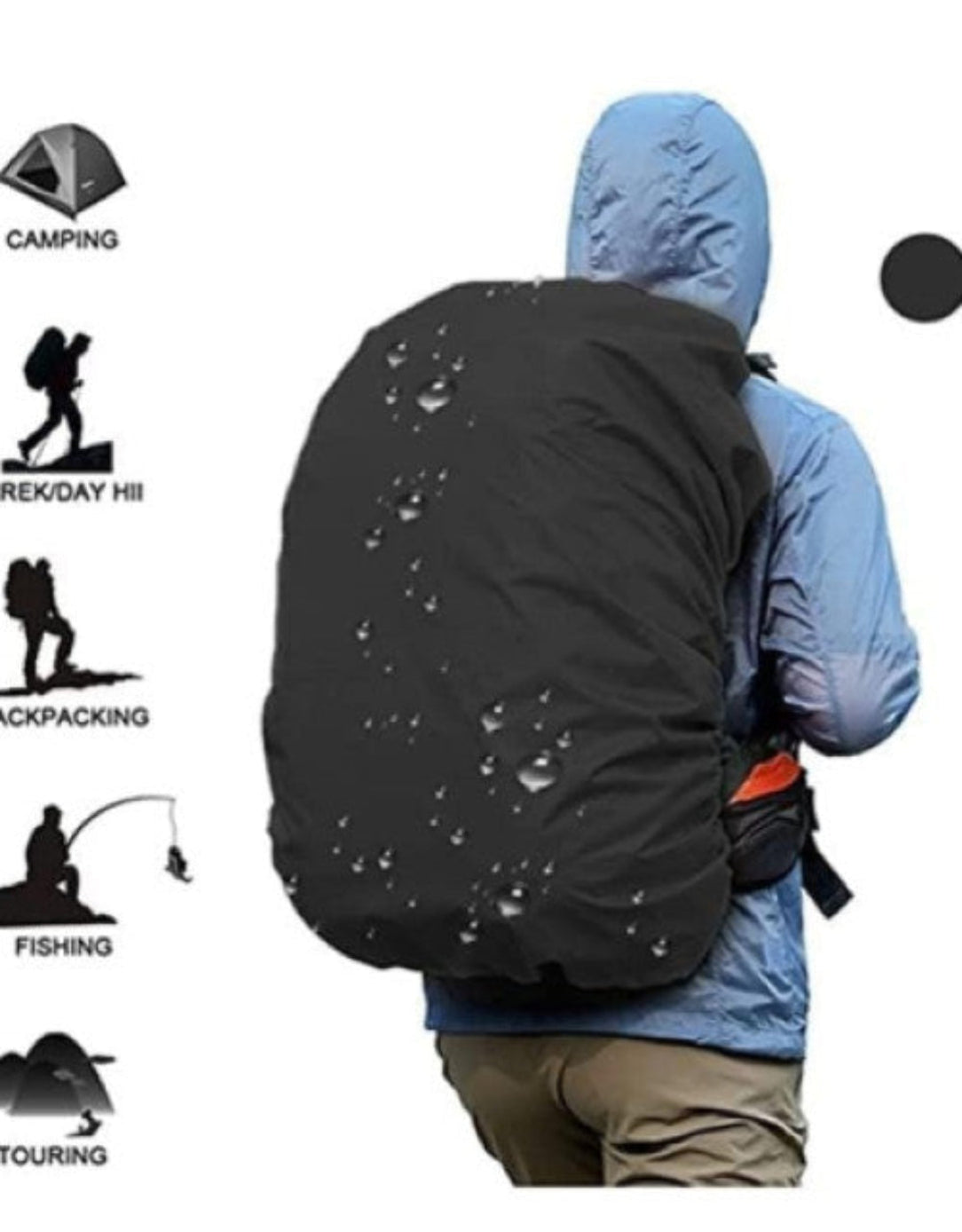 Person wearing a black rain cover over a blue backpack with various outdoor activities illustrated.