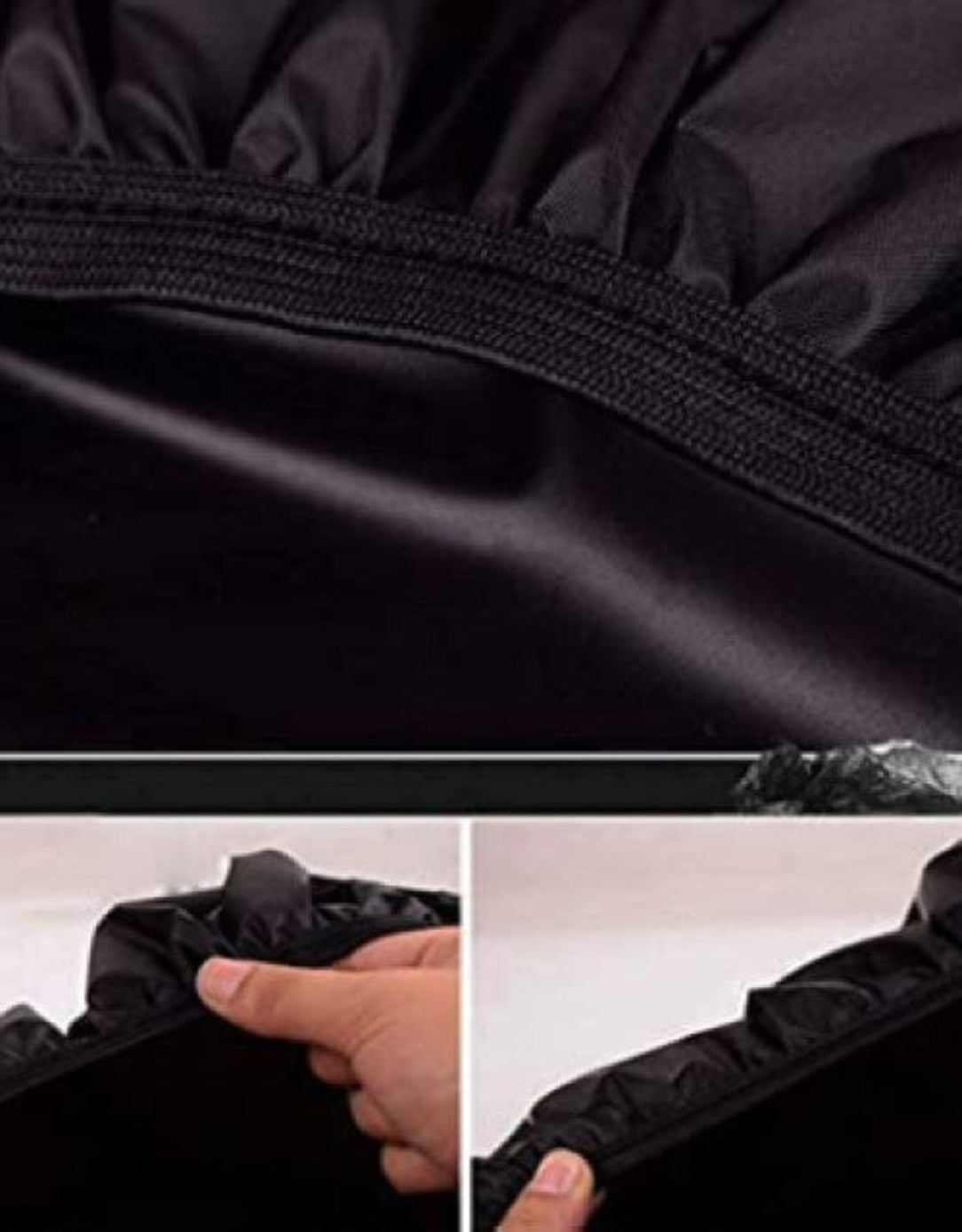 Black car seat cover with zipper and additional views on a white background