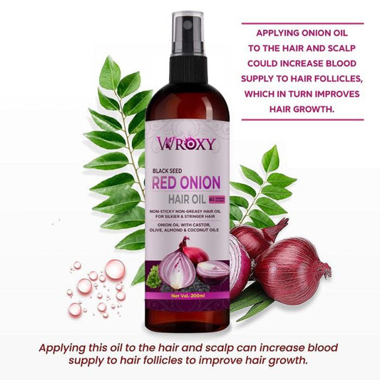 Wroxy Red Onion Hair Oil bottle with onion and leaf graphics on a white background