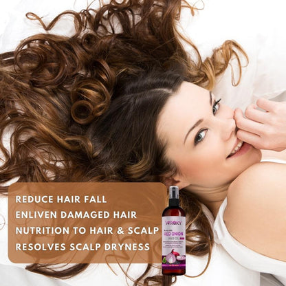 Woman with healthy hair lying down next to a bottle of hair care product with text about hair care benefits.